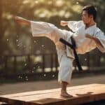 A karate master breaking a wooden board with a powerful kick
