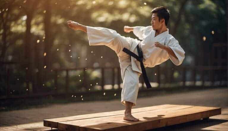 A karate master breaking a wooden board with a powerful kick