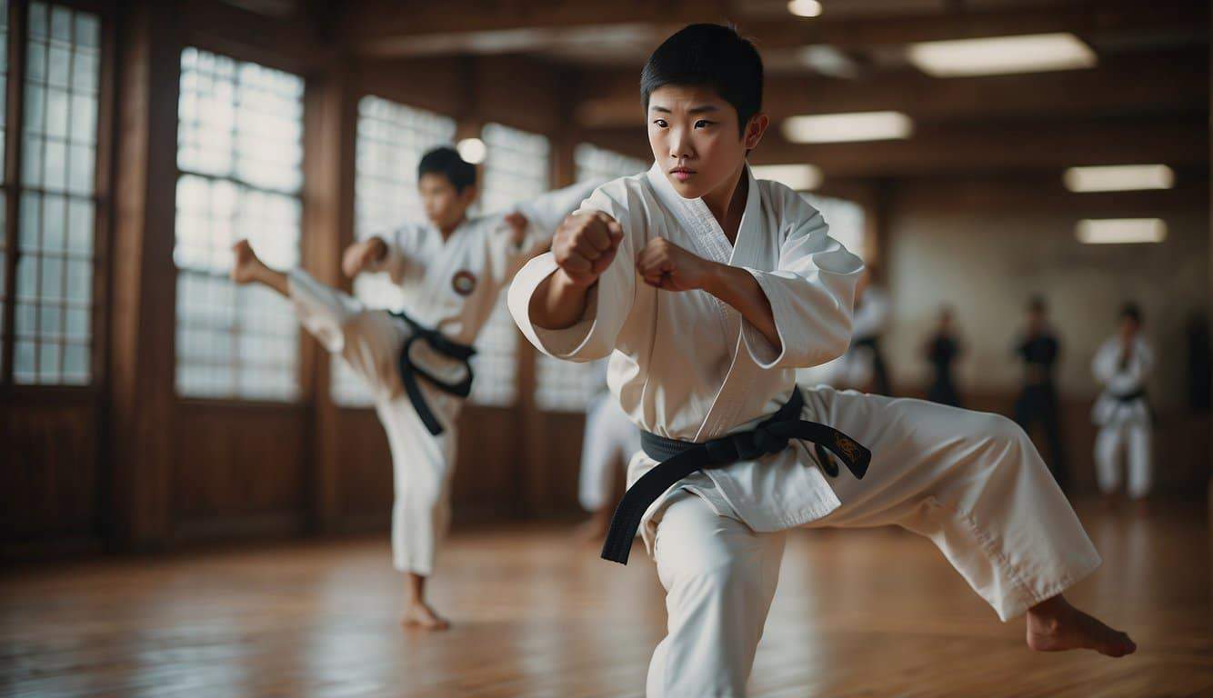 A karate student practices kicks and punches in a traditional dojo setting