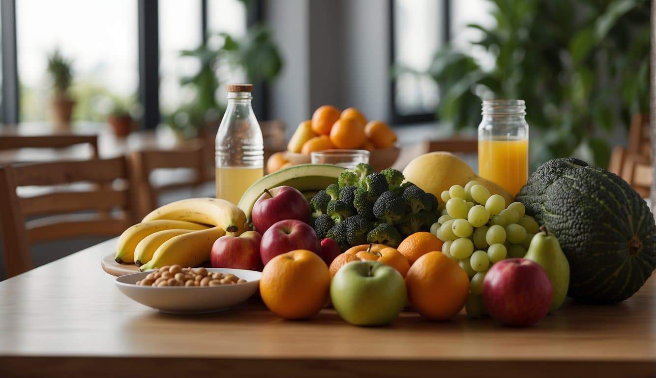 A table with a variety of healthy foods: fruits, vegetables, lean proteins, and whole grains. A water bottle and a karate uniform are placed next to the table