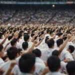 A crowded stadium filled with cheering fans and martial artists competing in the biggest karate tournaments