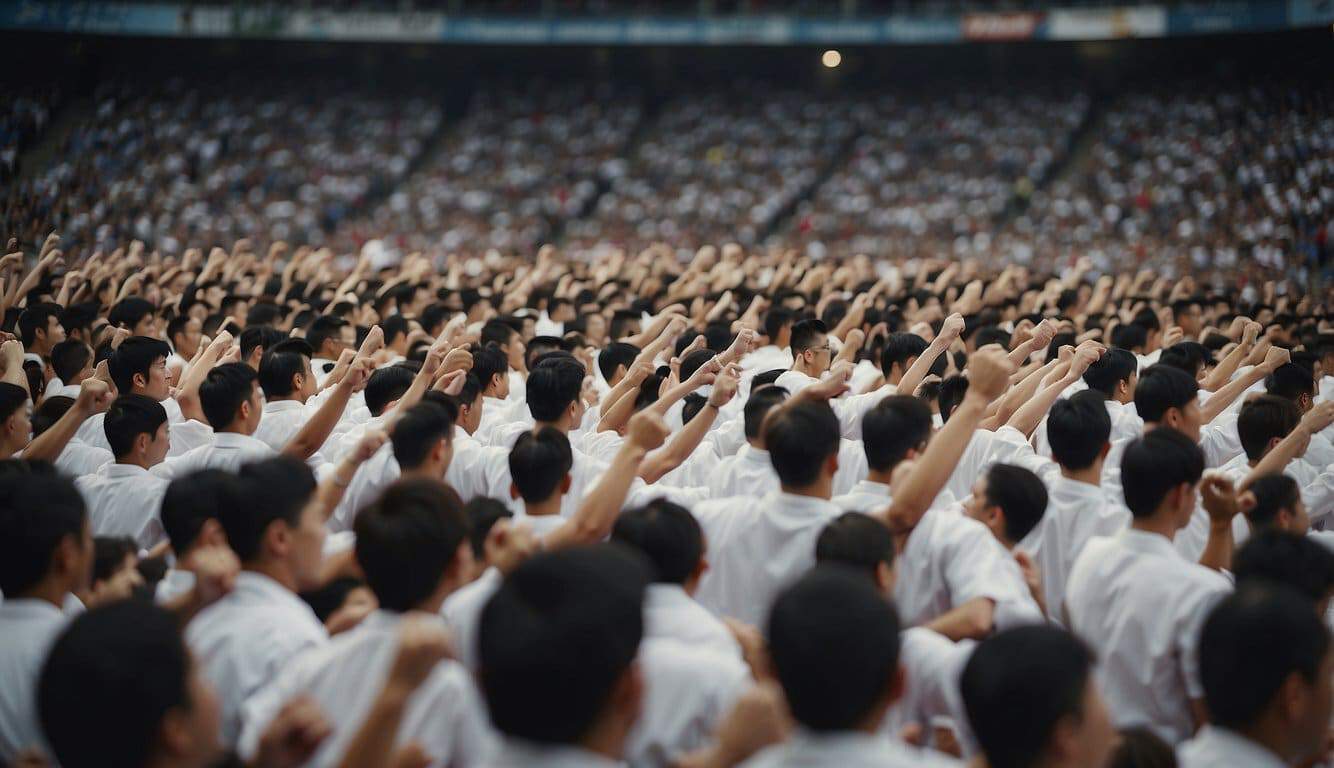 A crowded stadium filled with cheering fans and martial artists competing in the biggest karate tournaments