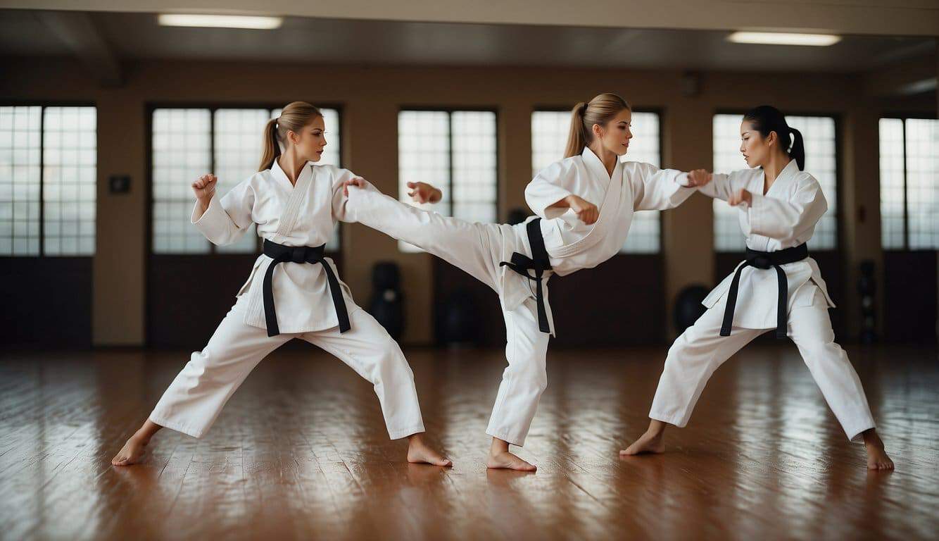 Women practicing karate in a dojo, wearing traditional white uniforms and black belts, executing precise and powerful martial arts techniques