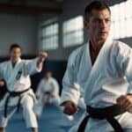 A karate instructor demonstrates proper form and technique for injury prevention during a class