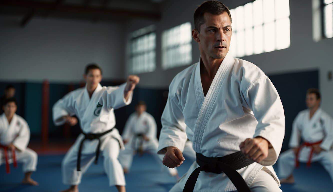 A karate instructor demonstrates proper form and technique for injury prevention during a class