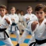 A group of children and teenagers practicing karate in a dojo. They are focused, disciplined, and performing various karate techniques with determination