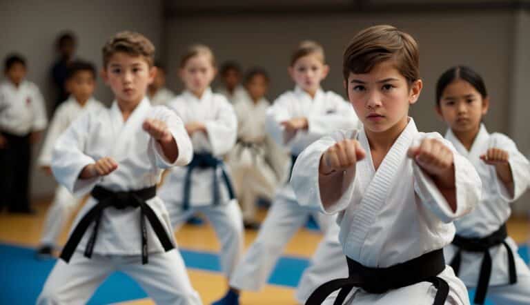 A group of children and teenagers practicing karate in a dojo. They are focused, disciplined, and performing various karate techniques with determination