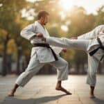 A karate practitioner executing a powerful kick, demonstrating self-defense techniques