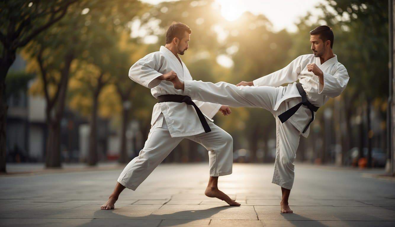 A karate practitioner executing a powerful kick, demonstrating self-defense techniques