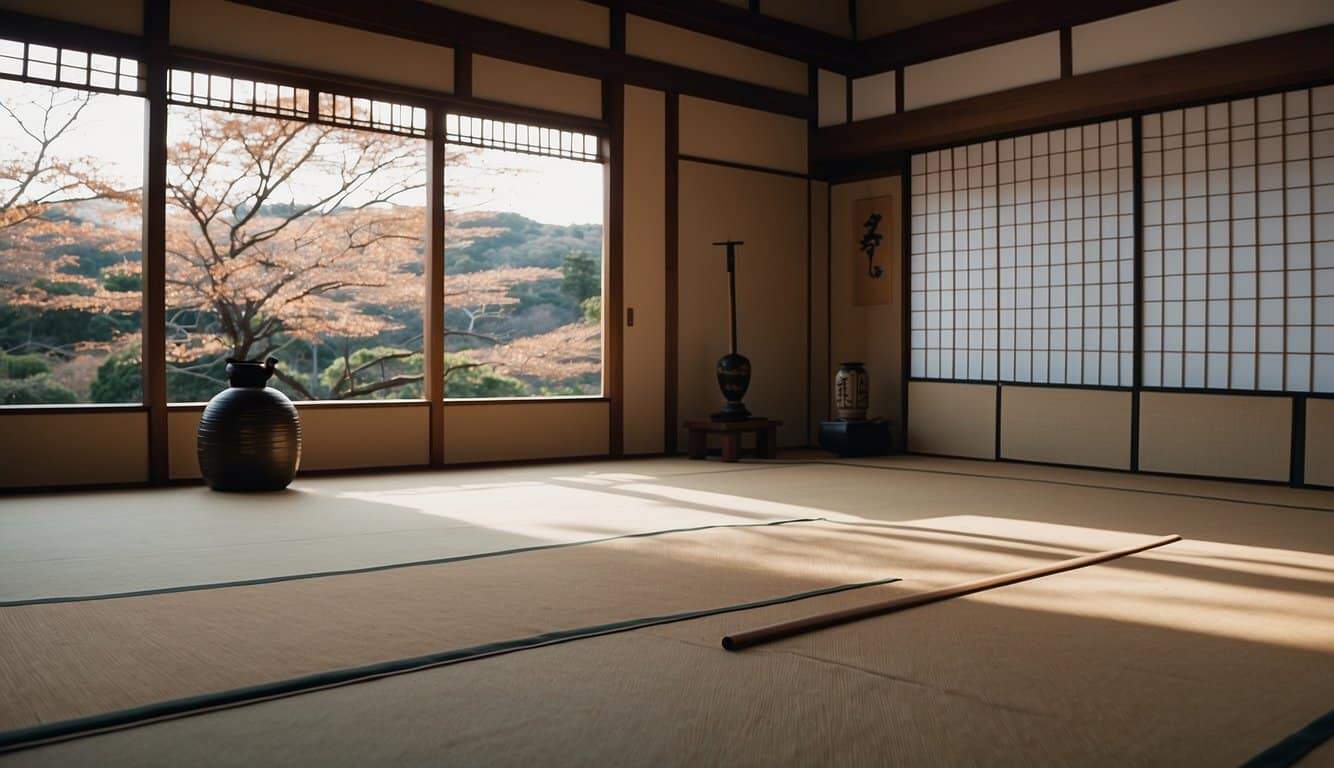 A serene dojo with traditional Japanese decor and a lone katana displayed on the wall