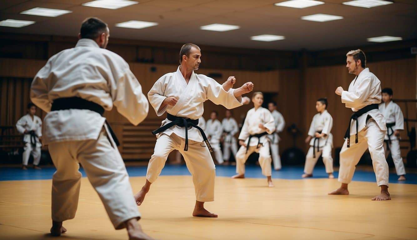 A karate dojo in Germany, with students practicing kicks and punches under the guidance of a stern instructor