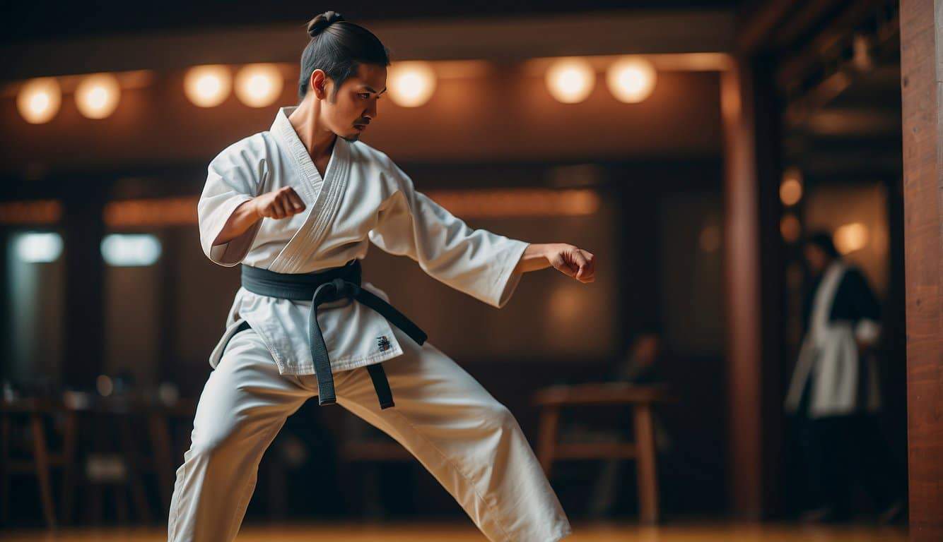 A karateka strikes a powerful stance, exuding mental strength