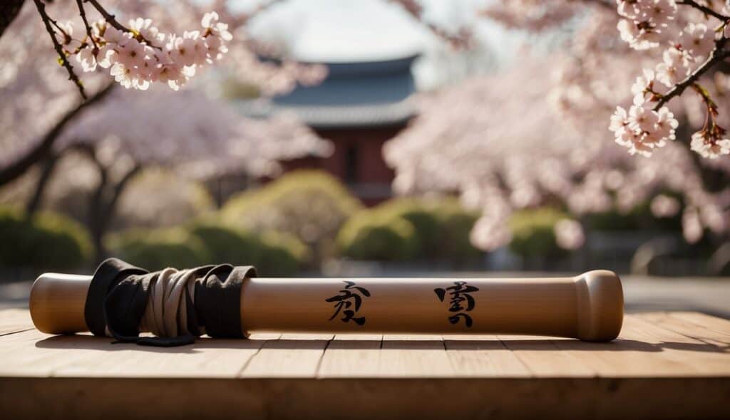 A dojo with traditional karate symbols and equipment, such as a wooden training dummy and a Japanese calligraphy scroll, set against a backdrop of serene cherry blossom trees