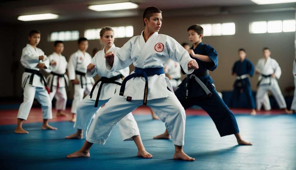 A karate class in session, with students practicing kicks and punches in a dojo setting. Focus on the discipline and technique of the martial art