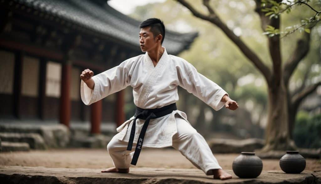 The history of karate's origin and development is depicted through ancient scrolls and traditional training tools