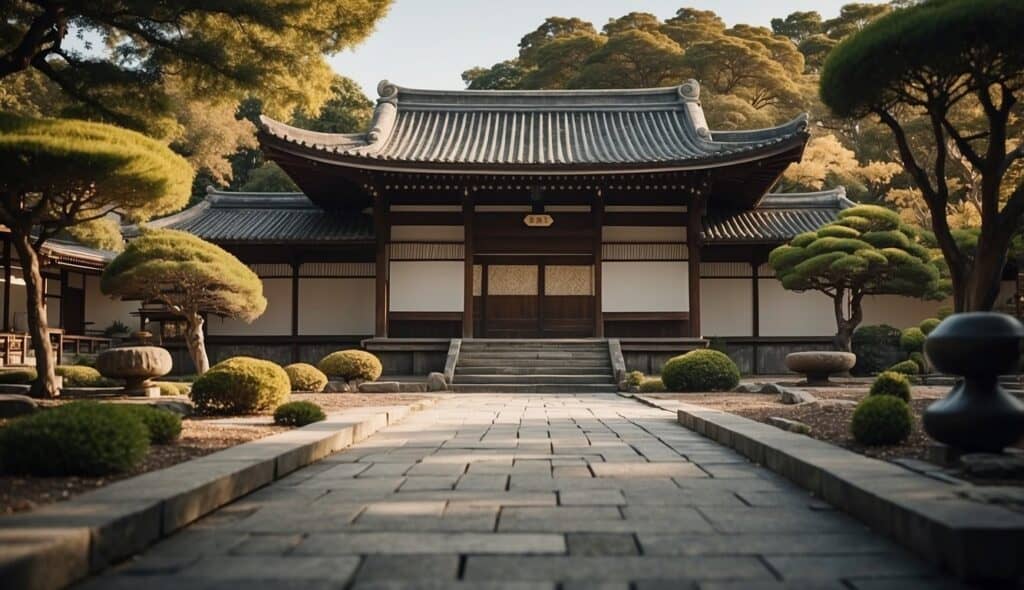 A karate dojo with traditional Japanese architecture and a serene garden. The dojo is filled with students practicing various karate techniques