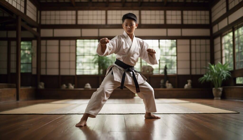 A dojo with traditional Japanese architecture, adorned with karate symbols and weapons. The scene is filled with focused students practicing various karate techniques