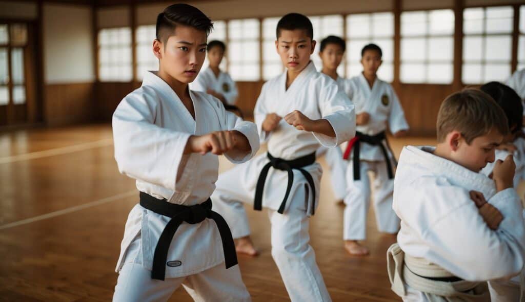 A karate dojo with students practicing katas and sparring, focused and disciplined, under the guidance of a sensei