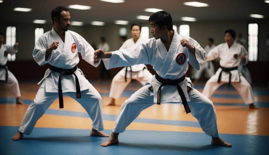 Karate training exercises, demonstrating combat techniques and self-defense