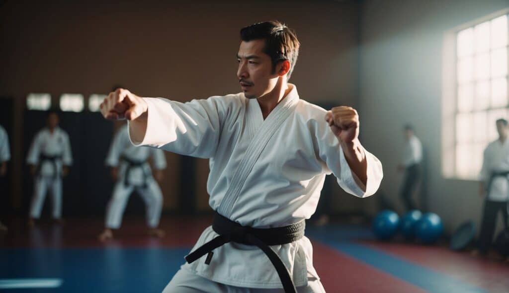 A karate practitioner performing physical and mental fitness exercises in a training session