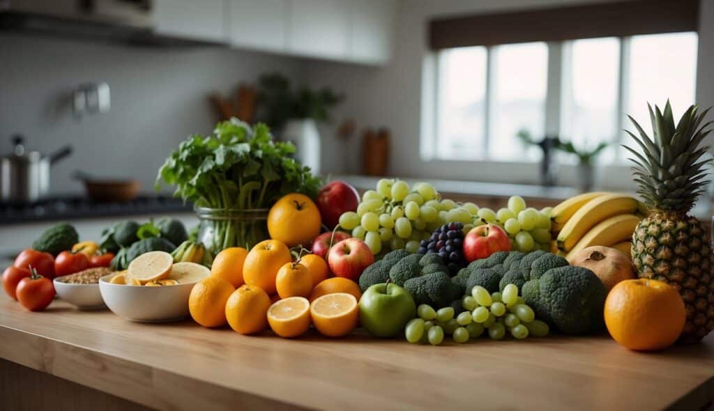 A karateka's diet: fresh fruits, vegetables, and lean proteins on a clean, organized kitchen counter