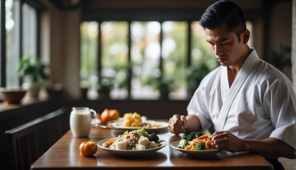 A karateka is mentally and physically preparing with a balanced meal before training