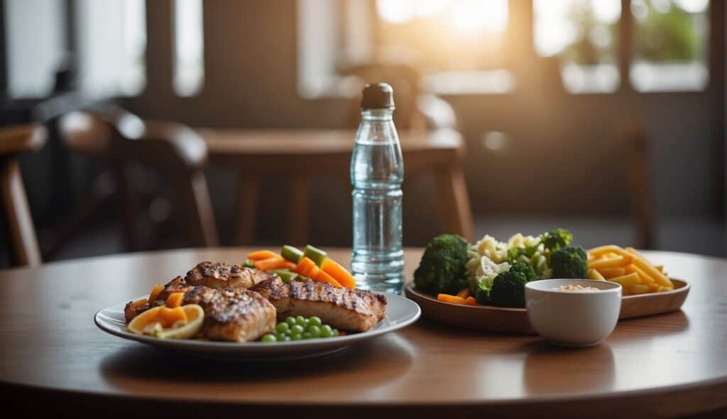 A table with a balanced meal and a water bottle next to a karate uniform and equipment