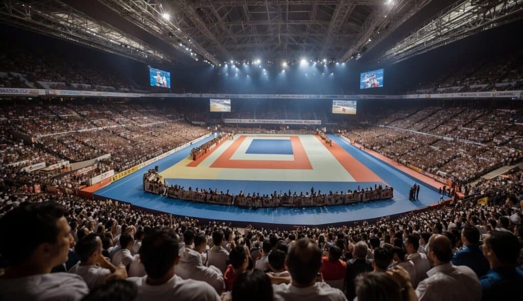 A packed arena buzzes with excitement as top karate athletes from around the world compete in the prestigious Karate World Championships