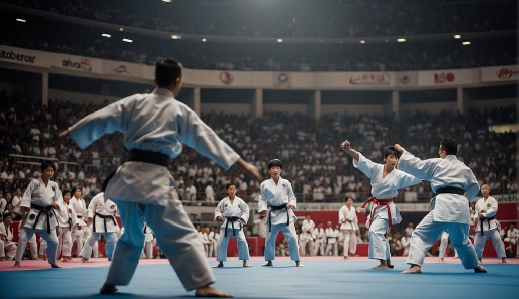 A crowded arena filled with karate competitors and spectators, flags from different countries waving in the air, while intense matches take place on multiple mats