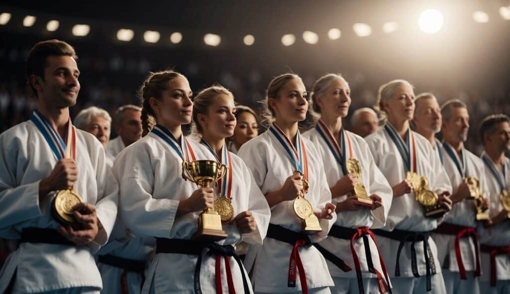 A group of karate champions stand proudly on a podium, their medals glinting in the spotlight. The crowd cheers as they hold their trophies high