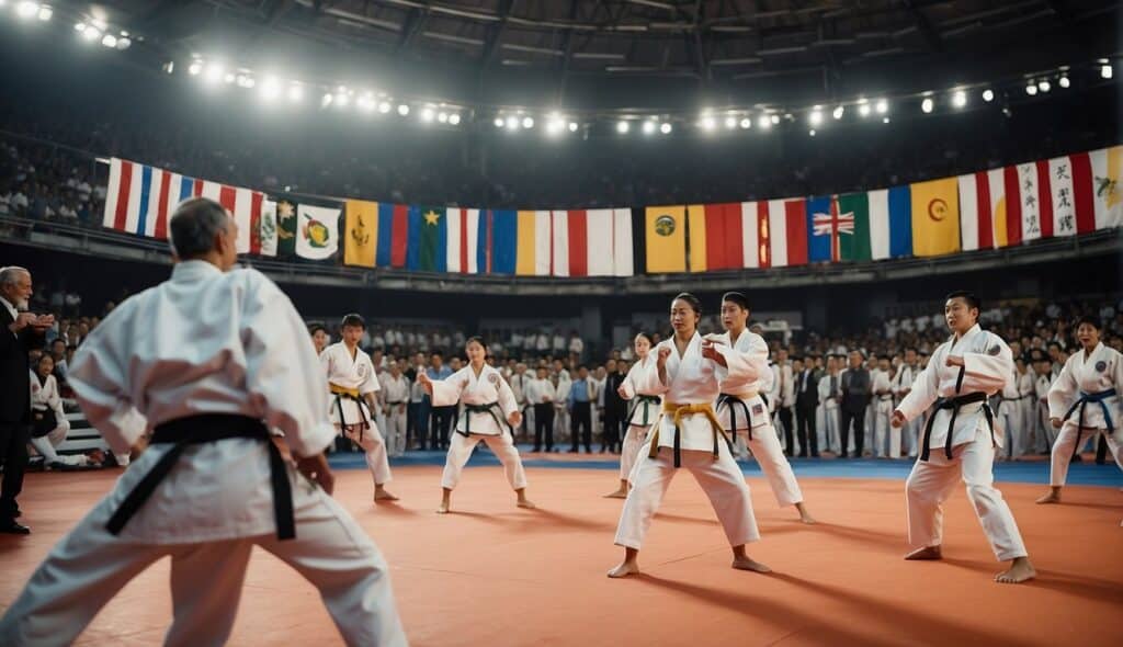 A crowded karate tournament with flags and banners, judges and competitors, in a large arena with cheering spectators