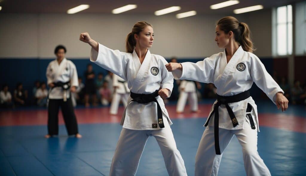 Women practicing karate techniques, training, and competing in tournaments