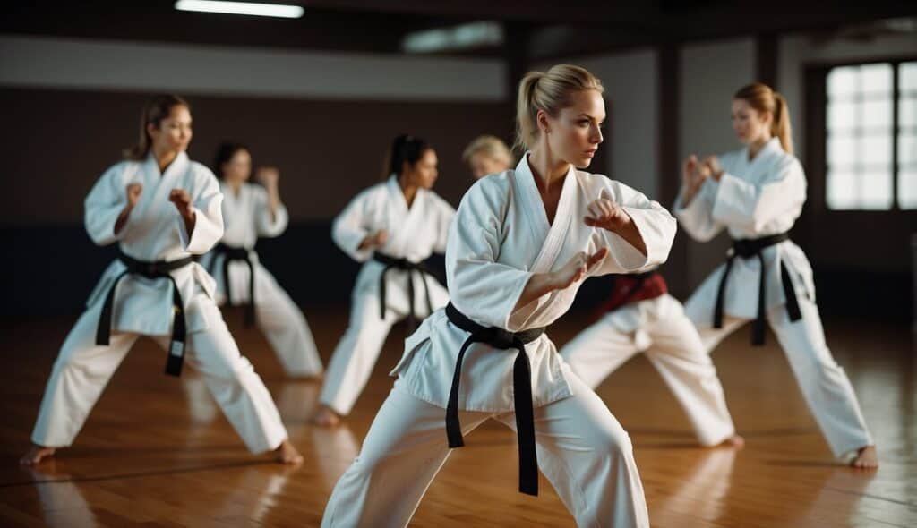 A group of women practicing karate, demonstrating self-defense techniques and fitness training