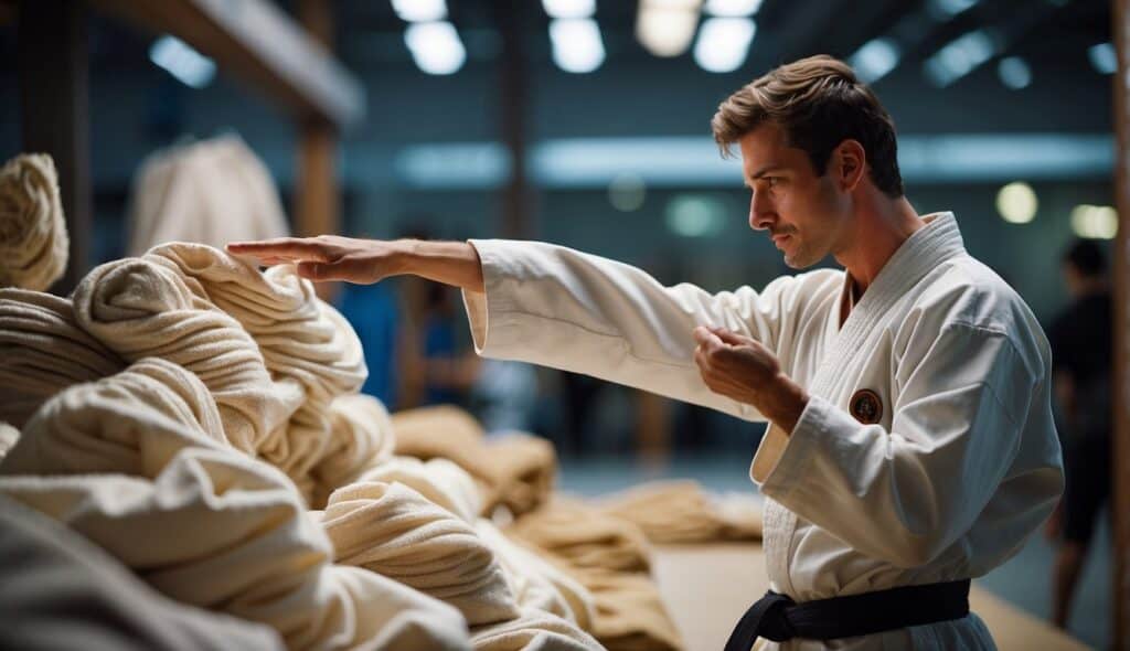 A person carefully examining different karate gis, considering the fabric, fit, and color before selecting the right one