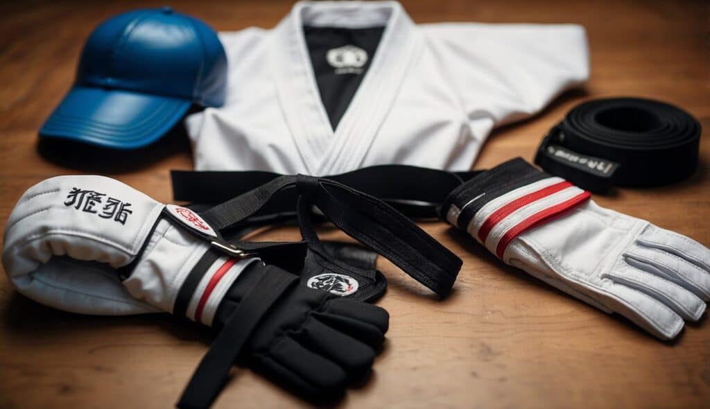 A karate-gi laid out with a black belt, gloves, and protective gear, ready for competition or training