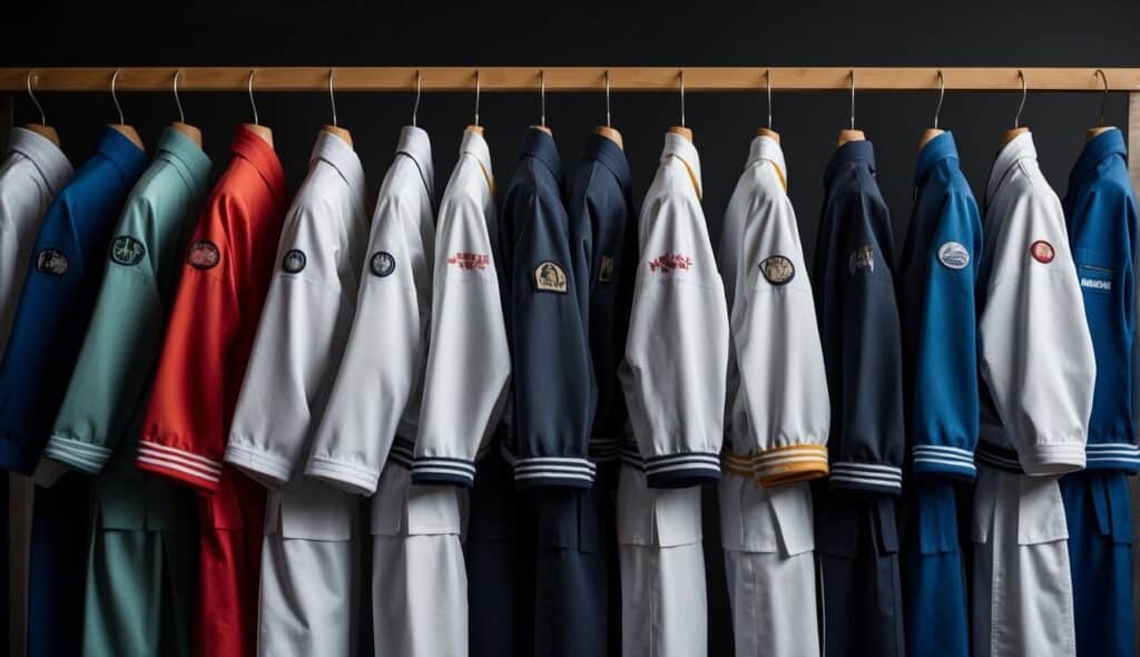 A selection of karate uniforms displayed on racks, ranging from beginner to advanced levels, with various sizes and colors available