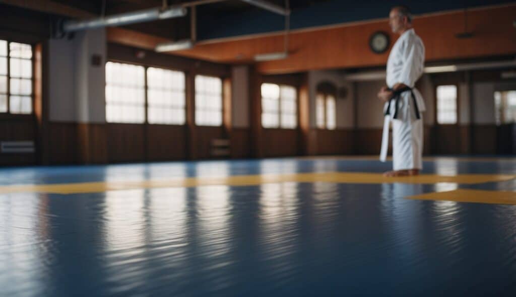 A karate dojo with safety equipment and mats for injury prevention