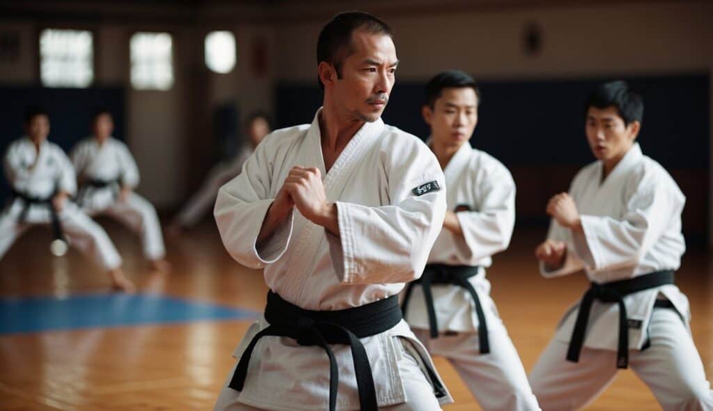 Competitors in karate gear, practicing injury prevention techniques in a dojo setting