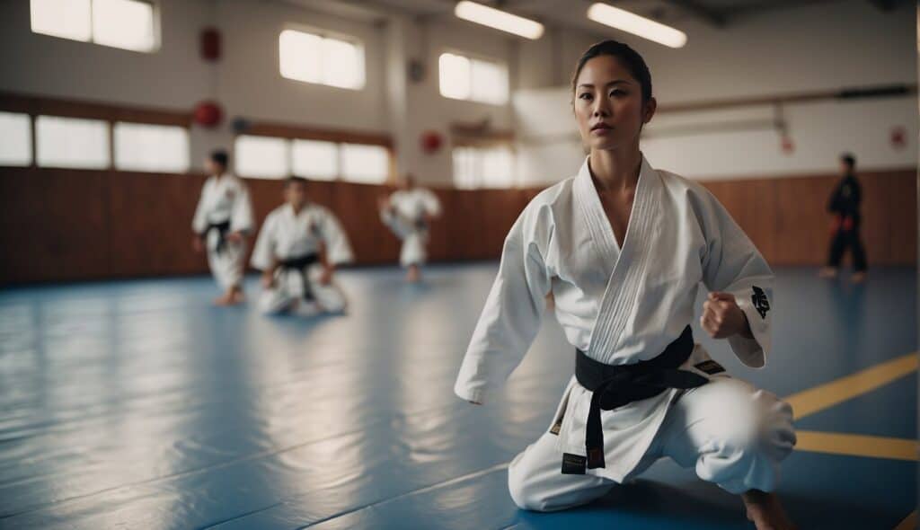 A karate dojo with safety equipment and injury prevention posters on the walls