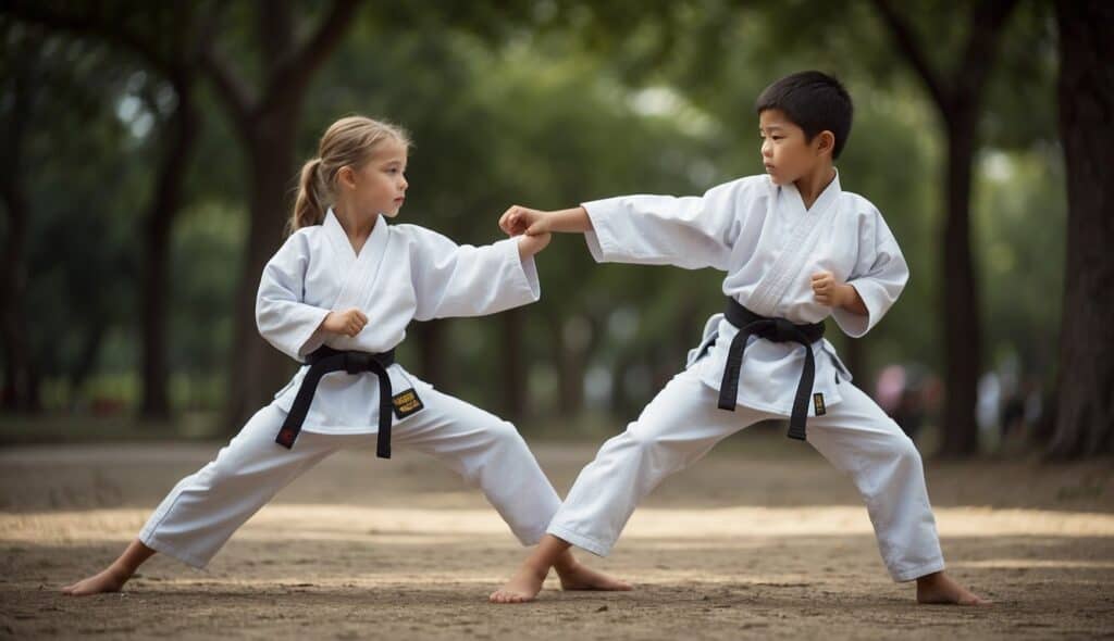 Advanced karate techniques and disciplines being practiced by children and teenagers