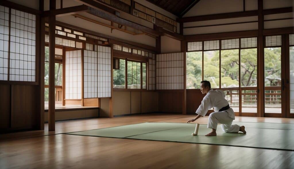 A serene dojo with traditional Japanese architecture, adorned with symbols of karate philosophy. Emphasize the duality of Kata and Kumite through contrasting imagery