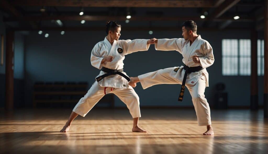 A karate practitioner performing kata and kumite, demonstrating basic techniques and forms with focus and precision