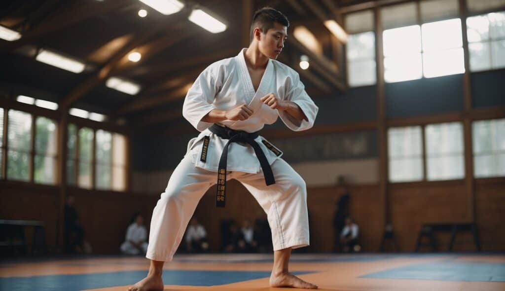 A karate student practices kata and kumite, focusing on physical and mental training