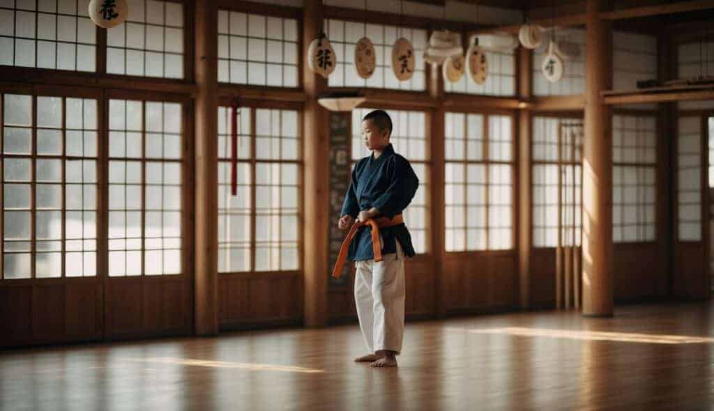 A dojo with traditional karate symbols and equipment, such as belts, uniforms, and wooden training dummies