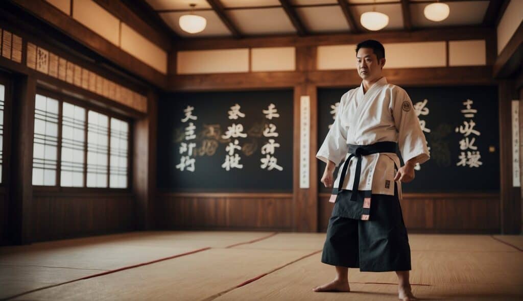 A dojo with traditional karate symbols and weapons displayed, with a timeline of karate's history and philosophy on the walls