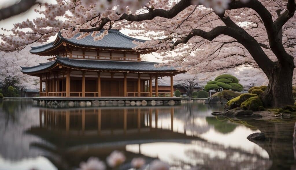 A serene dojo with traditional Japanese architecture and a lone cherry blossom tree in full bloom, symbolizing the philosophical foundations of Karate