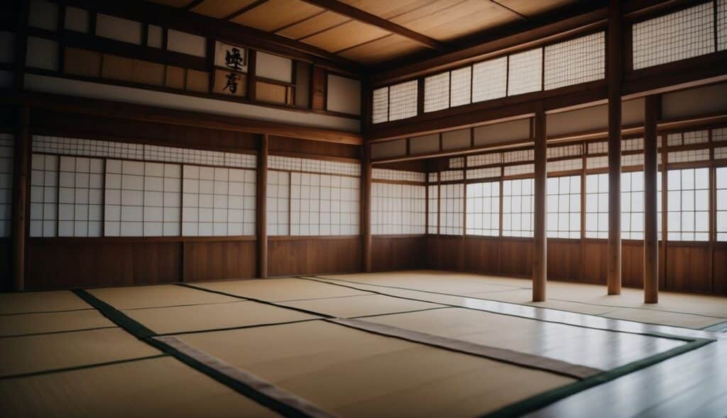 A serene dojo with traditional Japanese decor, a wooden training floor, and a sense of discipline and focus in the air