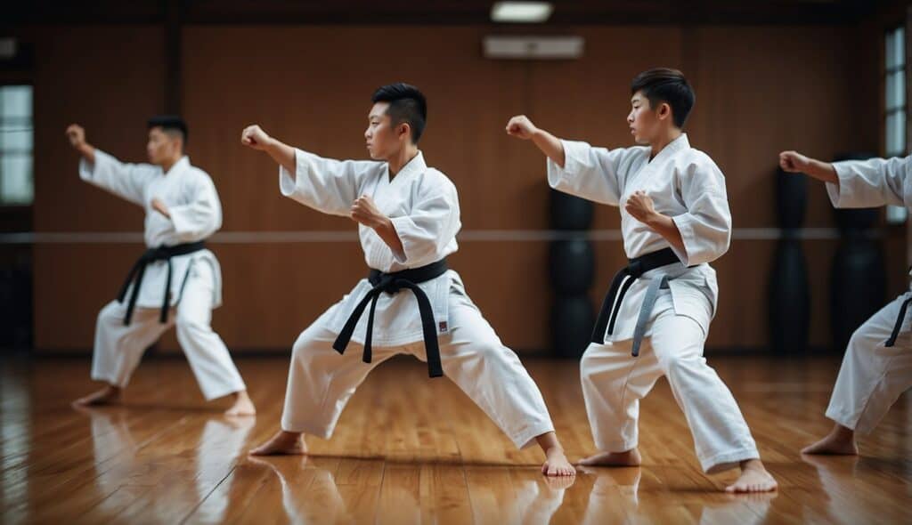 Karate students in traditional attire practicing in a dojo in Germany