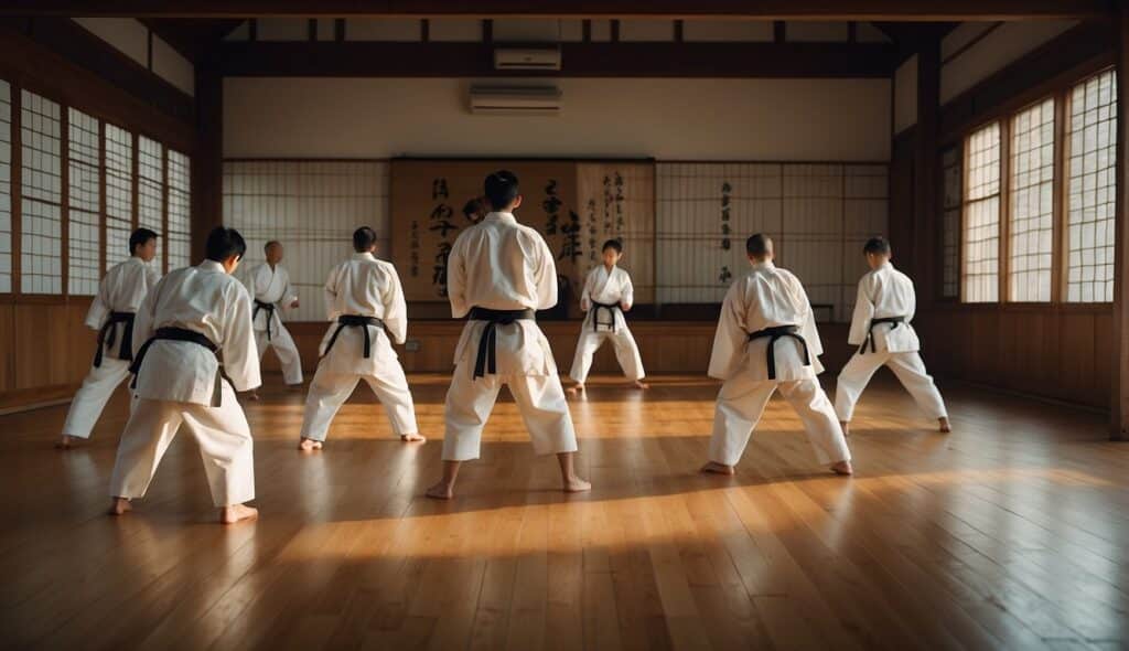 A traditional karate dojo with wooden floors and shoji screens. A sensei in a gi demonstrates kata while students bow in respect