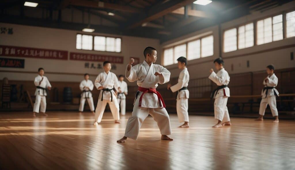 A dojo filled with traditional karate symbols and equipment, contrasting with a modern sports karate competition arena